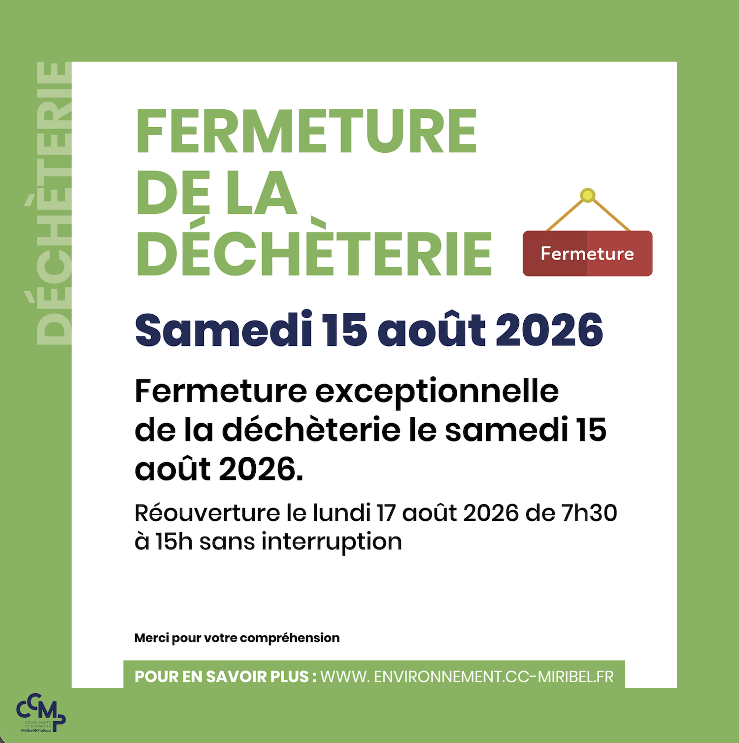 Fermeture déchèterie – 15 août 2026